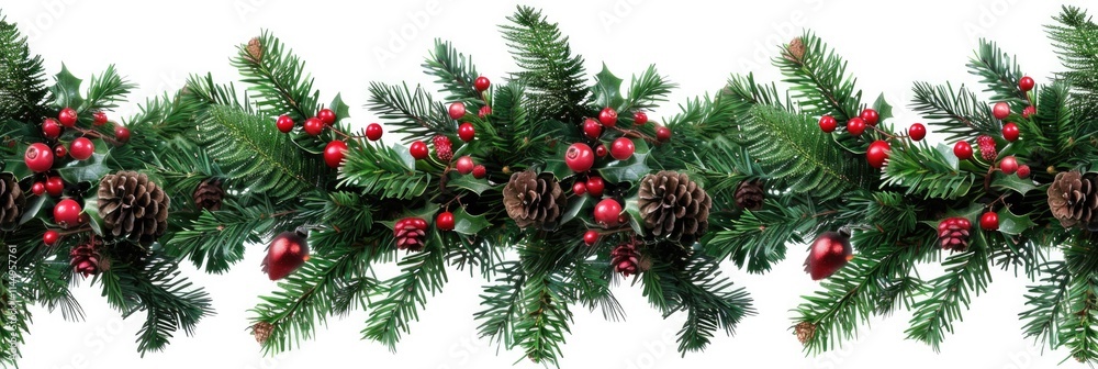 Tree Garland Isolated on White Background. Christmas Banner and Border with Evergreen Tree, Berry, Cone, and Hanging Ball Decorations Tree Garland Isolated on White Background. Christmas Banner and Border with Evergreen Tree, Berry, Cone, and Hanging Ball Decorations