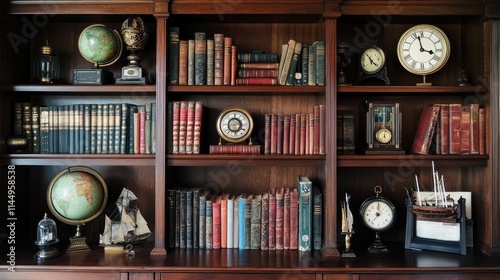 Vintage Bookshelf with Antique Decor and Globes in a Library Setting