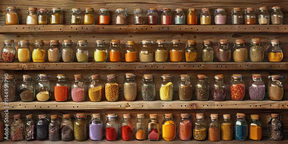 Collection of Spices and Grains in Glass Jars on Wooden Shelves Collection of Spices and Grains in Glass Jars on Wooden Shelves
