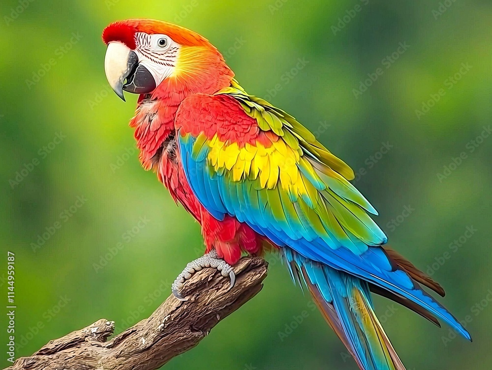 Obraz premium A colorful parrot perched on a branch in a lush green environment.