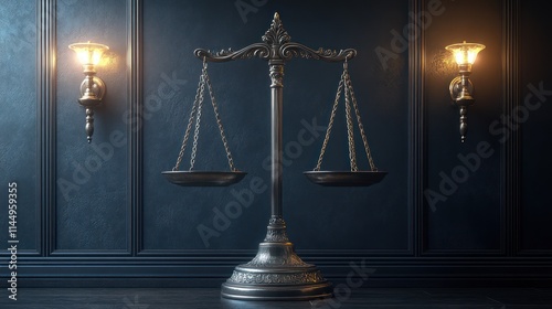 Antique scales of justice on dark background.