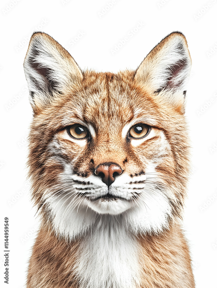 Studio portrait of lynx, facing camera, white background, wildlife conservation, educational use. Studio portrait of lynx, facing camera, white background, wildlife conservation, educational use.