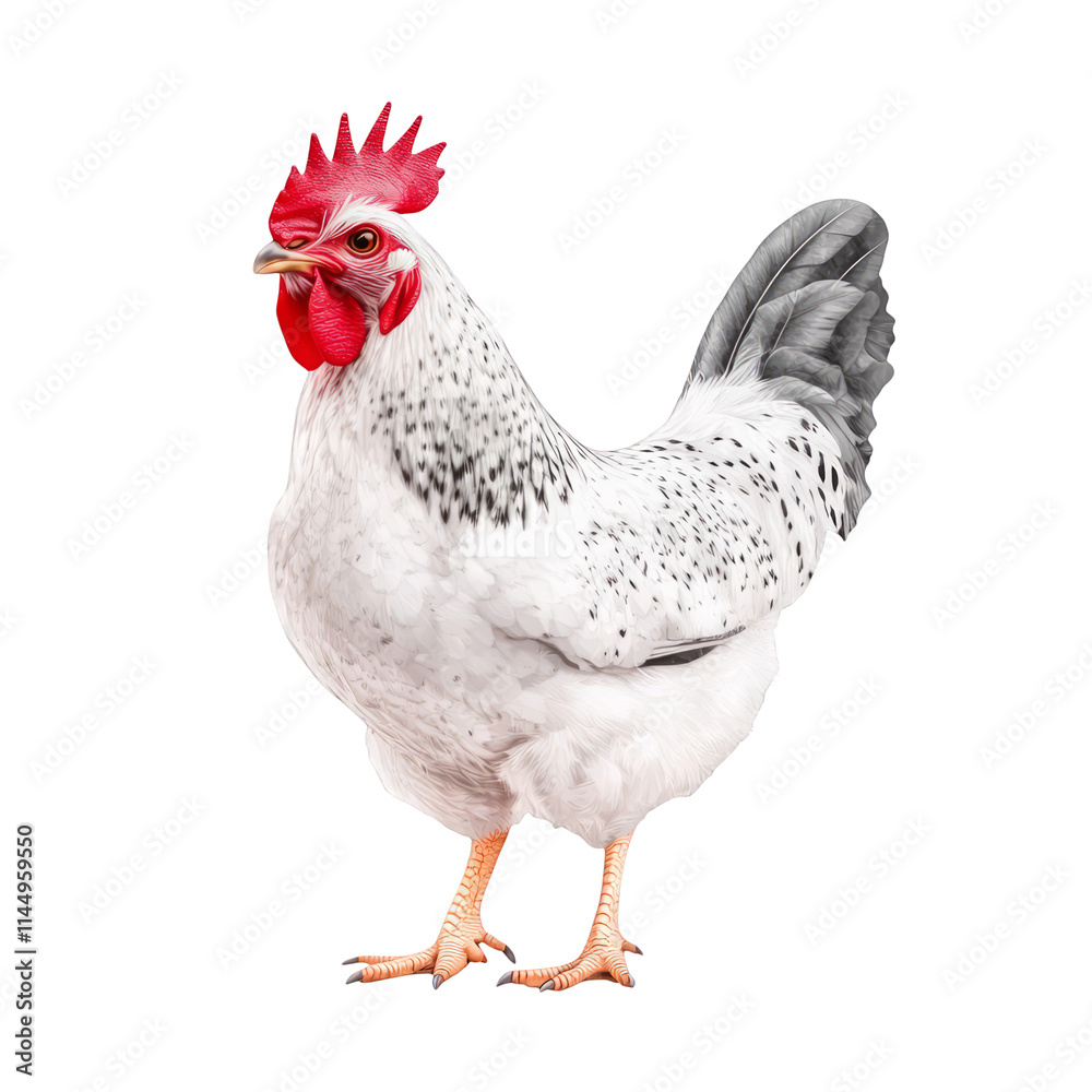 Fototapeta premium White speckled rooster isolated on white background poultry farming agriculture livestock rooster chicken hen fowl bird animal fauna feather comb beak wattle eye orange leg foot claw spur wing tail