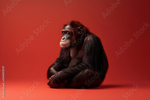 Studio Shot Chimpanzee Sitting Red Background, Wildlife Conservation Poster. photo