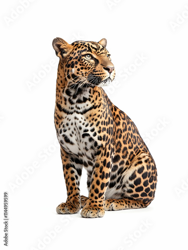 Studio shot of a seated jaguar, isolated on white background, for wildlife documentaries or advertising. photo