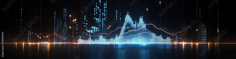 glowing interactive graph of stock trends projected mid-air against dark background with subtle reflections