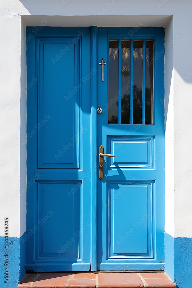 The blue door and window are adjacent to each other and can be closed together for added security._00001_ The blue door and window are adjacent to each other and can be closed together for added security._00001_