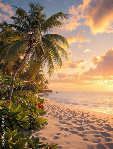 Sunset on a tropical beach with palm trees and a serene lake, water, palm trees, beach, lake, scenery