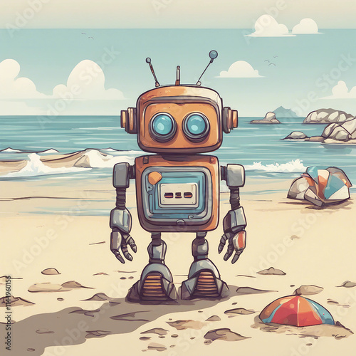 cute robot background illustration on the beach