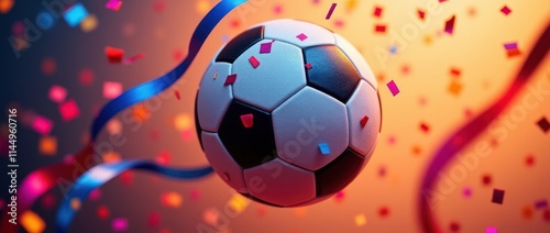 Colorful Confetti Surrounds a Soccer Ball in a Vibrant Celebration