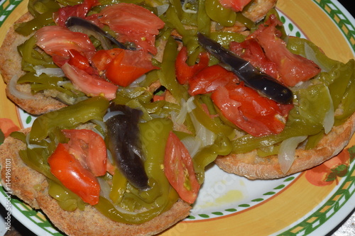 Friselle, bruschette con peperoni, melanzane e cipolla grigliate photo