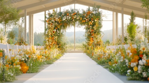 Wallpaper Mural Romantic wedding archway with lush floral decorations, sunlit garden setting, and warm tones creating an enchanting and picturesque outdoor ambiance Torontodigital.ca