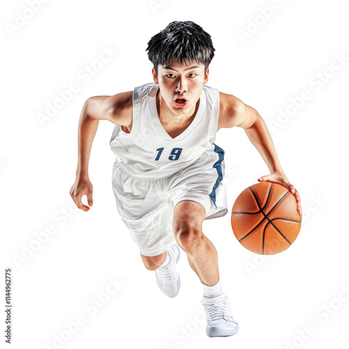 Young Asian basketball player dribbling ball with speed and agility isolated on white background sports athlete competition game training skills fitness healthy lifestyle active dynamic movement