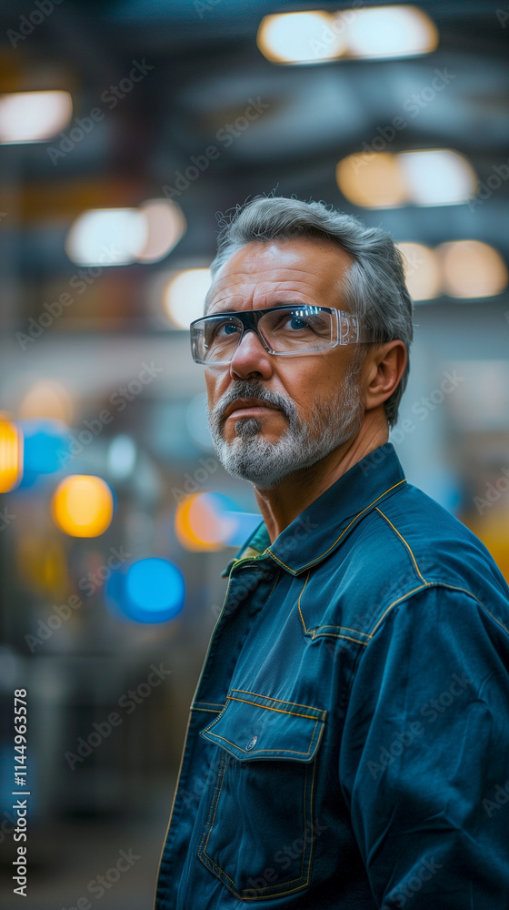 Obraz premium Confident Industrial Worker in Protective Glasses in a Modern Factory