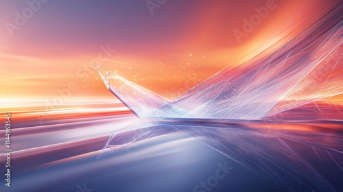 Abstract geometric design with vibrant colors and dynamic shapes, showcasing a blend of light and shadows against a dreamy sunset background