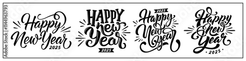 Vector set hand drawn Happy new year vintage style typography