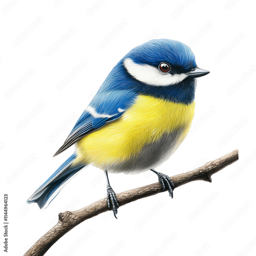 Obraz premium Blue Tit Perched on a Branch Wildlife Birdwatching Ornithology Nature Photography Colorful Plumage Yellow Breast Azure Wings Small Bird Garden Visitor European Fauna Avian Beauty Isolated on White