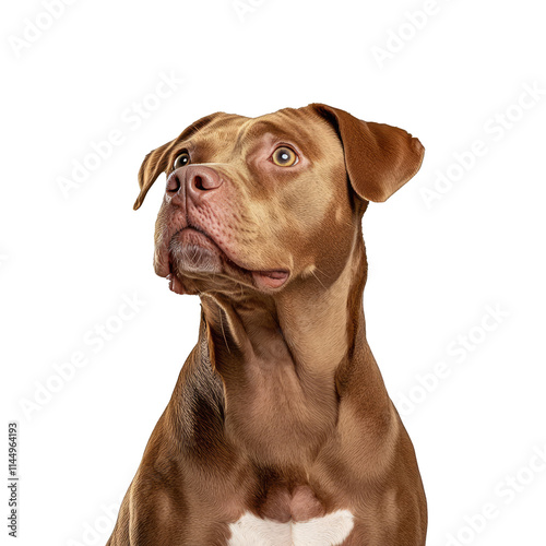 Lovable brown and white Pit Bull Terrier dog looking up with curiosity isolated on white background studio shot adorable pet canine animal companion purebred breed portrait playful friendly domestic