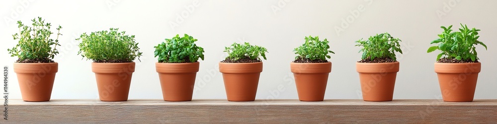 row of small herb pots arranged symmetrically on wooden table with empty space to left for text row of small herb pots arranged symmetrically on wooden table with empty space to left for text