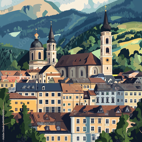 Illustration, Cityscape of Brixen, Bressanone in Italy, Italian alps. Touristic advertisement poster. Promotional touristic poster. Beautiful city in Italy. Must-see tourist travel destination. Mediev