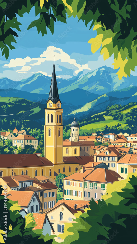 Obraz premium Illustration, Cityscape of Brixen, Bressanone in Italy, Italian alps. Touristic advertisement poster. Promotional touristic poster. Beautiful city in Italy. Must-see tourist travel destination. Mediev