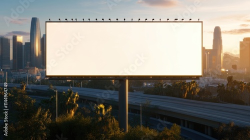 Large, blank billboard standing tall against a backdrop of a bustling cityscape at sunset, with a highway and palm trees visible in the foreground photo