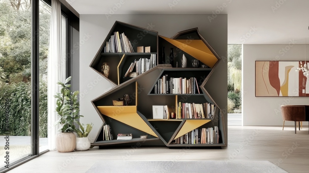 Fototapeta premium Modern Geometric Bookshelf Design in Contemporary Living Space