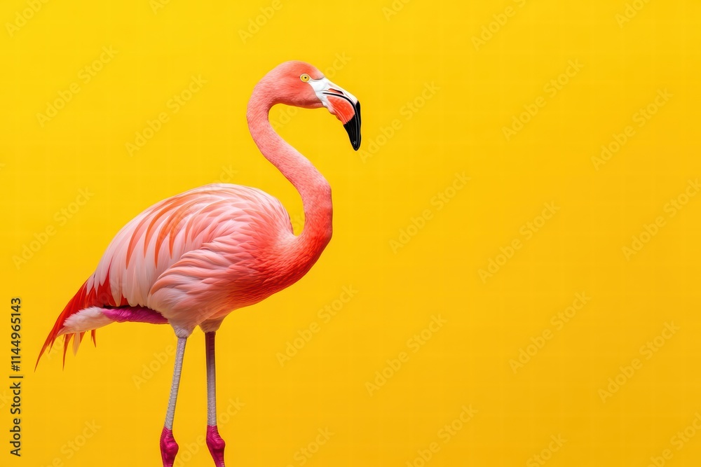 Fototapeta premium Elegant Pink Flamingo Standing Against Bright Yellow Background