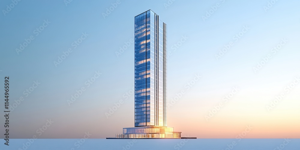 Modern glass skyscraper rising against pastel sunset sky, featuring sleek design and illuminated lower floors, symbolizing innovation, urban development, and futuristic aesthetics. Modern glass skyscraper rising against pastel sunset sky, featuring sleek design and illuminated lower floors, symbolizing innovation, urban development, and futuristic aesthetics.
