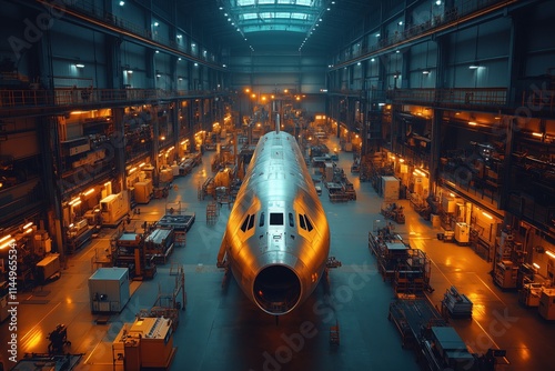 Spacious factory floor housing an enormous plane fuselage with equipment and machinery arranged neatly around. Bright lighting illuminating the entire workspace