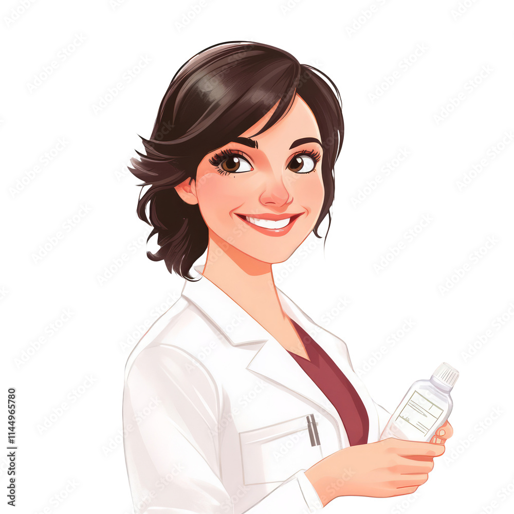 Smiling female doctor or pharmacist in white coat holding a medicine bottle health care professional medical consultation and treatment concept isolated on white background illustration Smiling female doctor or pharmacist in white coat holding a medicine bottle health care professional medical consultation and treatment concept isolated on white background illustration