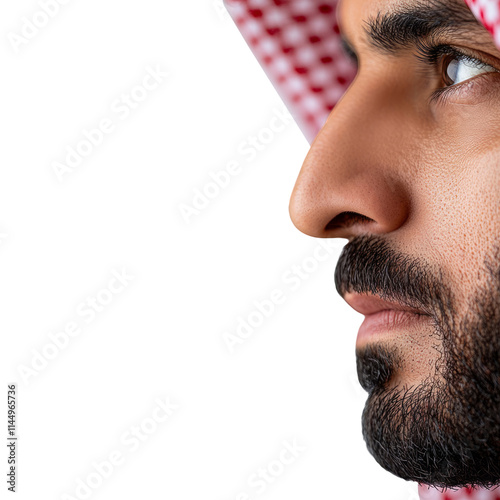 Close-up profile of Arab man wearing traditional keffiyeh shemagh head covering isolated on white background Middle Eastern culture Islam Muslim religious attire ethnic clothing Arab man portrait