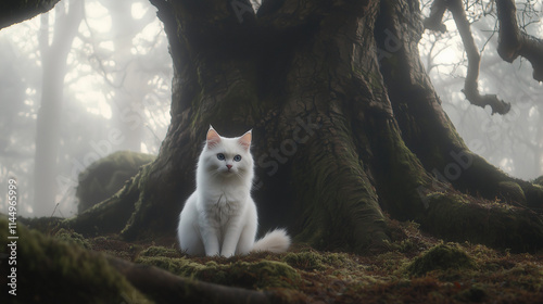 An ancient oak tree with roots extending like veins across a misty forest floor, a mysterious white cat with piercing blue eyes sits at its base, blending into the mystical, foggy photo