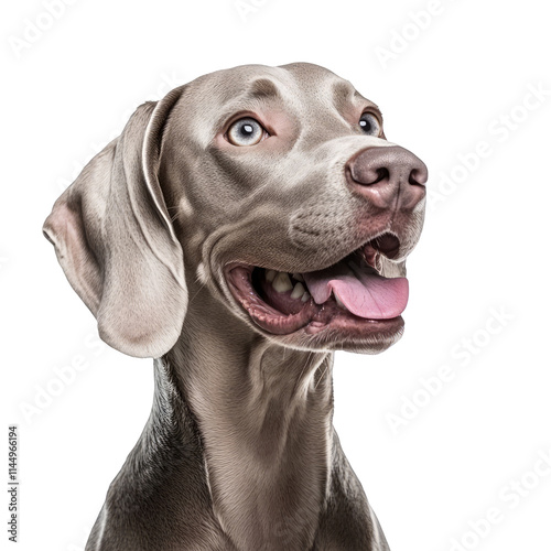 Weimaraner dog panting looking away isolated on white background animal themes pets dogs purebred domestic animals canine mammals hunting dogs gun dogs short haired breeds weimaraners purebred dogs photo