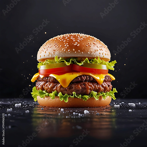 Fresh and tasty Juicy hamburger with cheese, lettuce, cheese onion and salad.