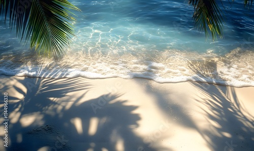 Ethereal Shoreline, Palm Leaf Shadows on Sand with Abstract Blue Water Patterns