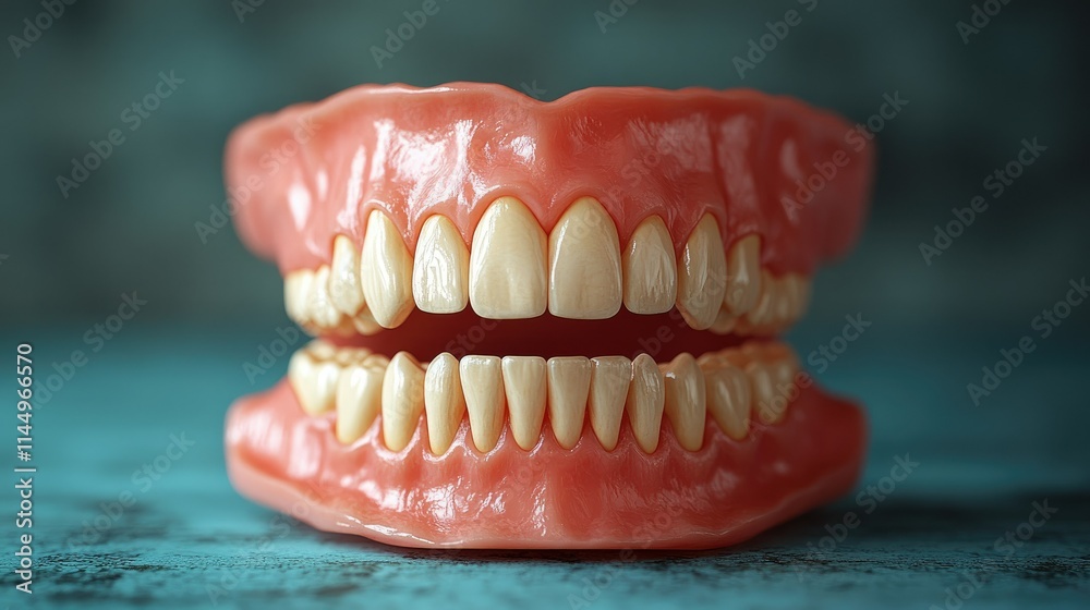 Obraz premium Close-up view of a full set of artificial teeth, dentures, on a textured surface.