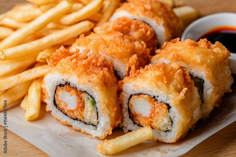 Crispy sushi rolls paired with golden fries create a unique culinary fusion adventure Crispy sushi rolls paired with golden fries create a unique culinary fusion adventure