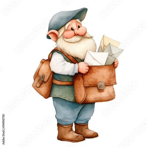 Watercolor illustration of a cheerful gnome postman holding a leather mailbag filled with letters, wearing a blue hat and vest, symbolizing communication and storytelling. photo