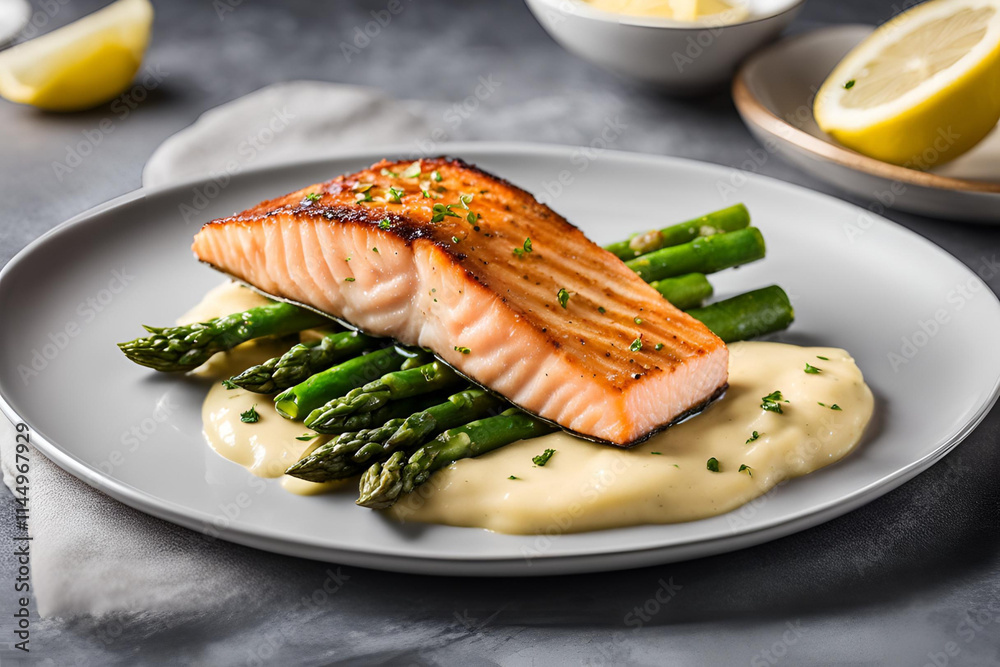 Seared salmon fillet with a lemon butter sauce, served with sautéed asparagus and mashed potatoes on a white plate, set against a dark background, offering an elegant, hotel-level dining experience.
Seared salmon fillet with a lemon butter sauce, served with sautéed asparagus and mashed potatoes on a white plate, set against a dark background, offering an elegant, hotel-level dining experience.