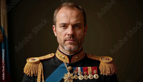Honored Tsarist officer in full-dress military uniform decorated with medals and insignia