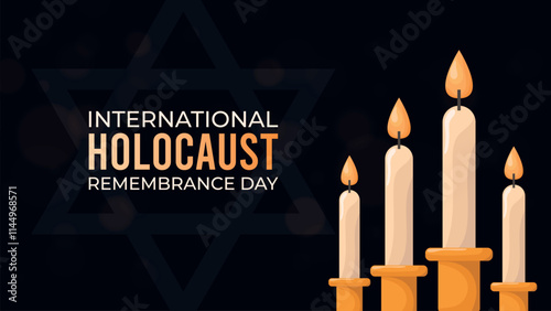 Horizontal Holocaust Remembrance Day on dark background.Web banner design with lit candles and David's star.