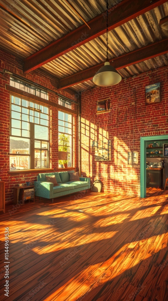 Naklejka premium A cozy, sunlit industrial-style living space with brick walls and wooden floors.