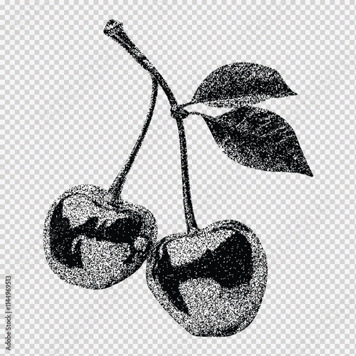 cherry elements with a retro photocopy effect. Vector glossy, steel illustration of  in halftone tones for collage design.