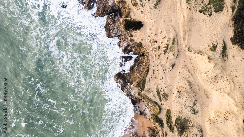 Aerial drone view of Sauzaie beach, Bretignolles sur mer, Vendee, France