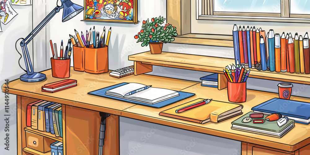 custom made wallpaper toronto digitalIllustration of a Desk with Art Supplies and Books