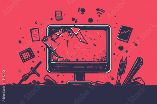 Zerstörter Bildschirm zeigt digitalen Stress

