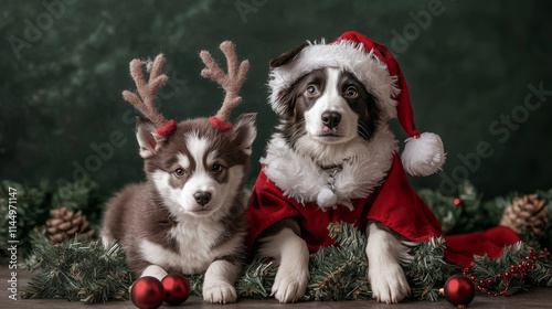 An energetic Border Collie dressed as Santa Claus, with a flowing red cape, sitting beside a Husky puppy in a reindeer outfit with fluffy antlers, on a dark green backdrop.