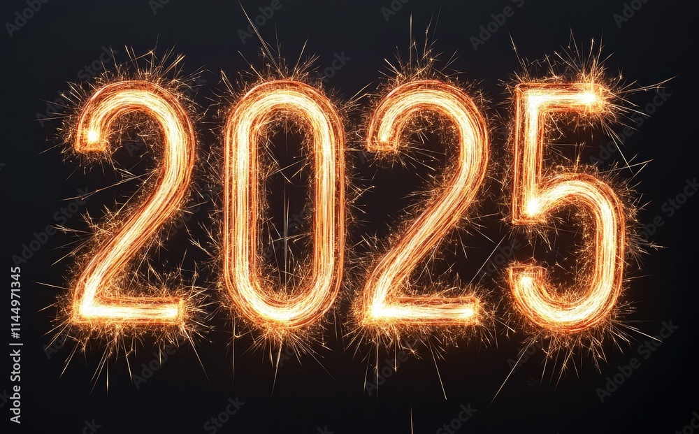 Merry Christmas and Happy New Year banner with golden fireworks number 2025 on dark background. Greeting xmas card. Merry Christmas and Happy New Year banner with golden fireworks number 2025 on dark background. Greeting xmas card.