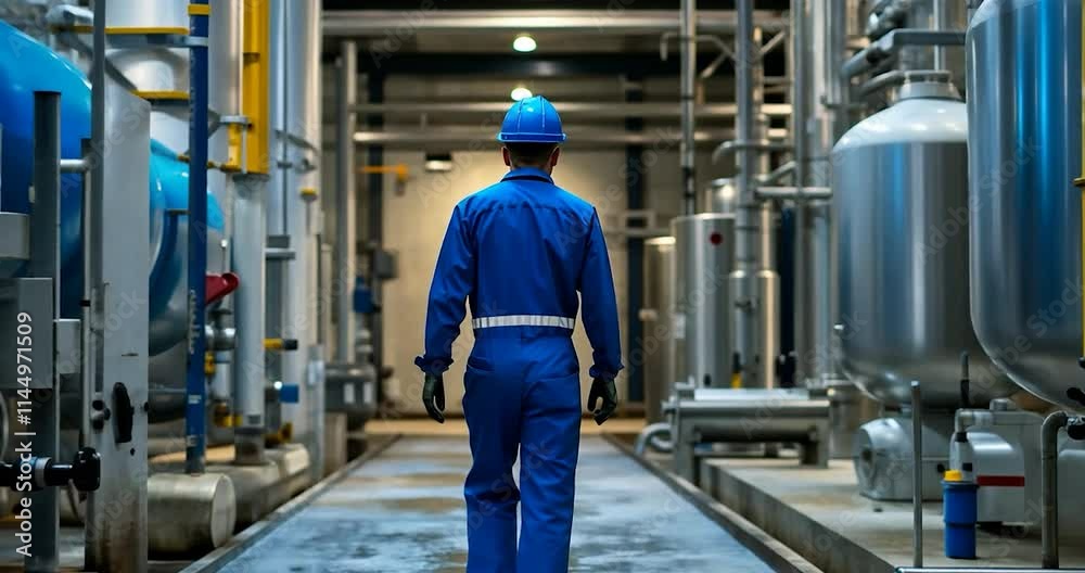 A factory worker blue walking at the Waterhouse water treatment walking from the middle back side view is walking